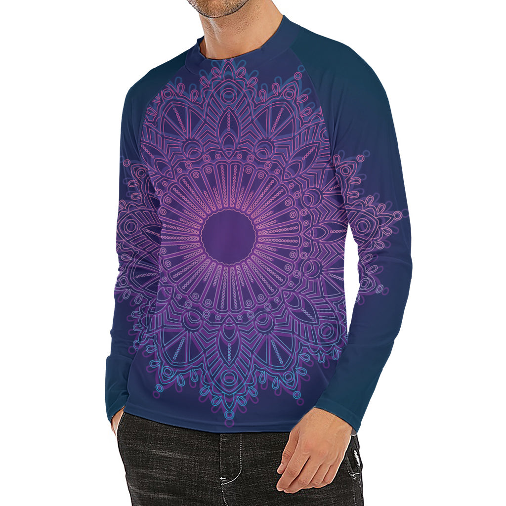 Purple Trippy Mandala Print Men's Long Sleeve Rash Guard