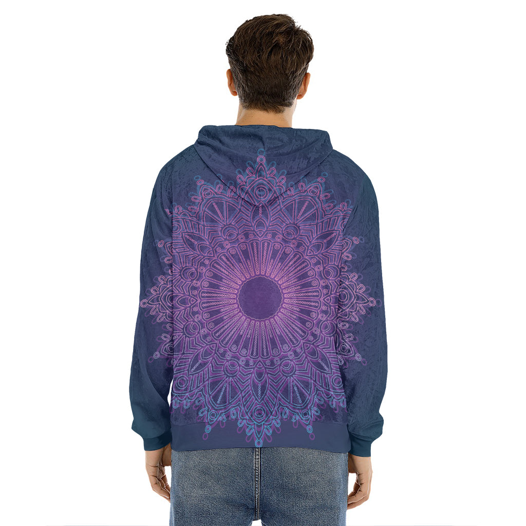 Purple Trippy Mandala Print Men's Velvet Pullover Hoodie