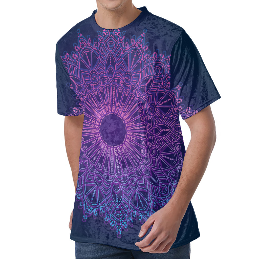 Purple Trippy Mandala Print Men's Velvet T-Shirt