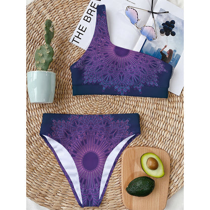 Purple Trippy Mandala Print One Shoulder Bikini Top