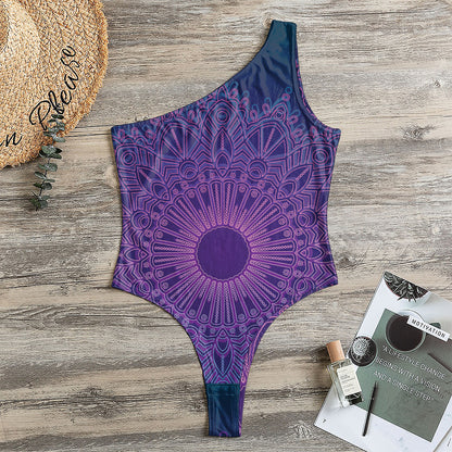 Purple Trippy Mandala Print One Shoulder Bodysuit