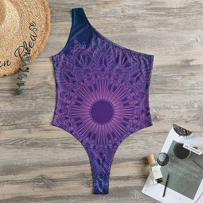 Purple Trippy Mandala Print One Shoulder Bodysuit