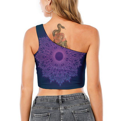 Purple Trippy Mandala Print One Shoulder Crop Top