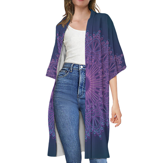 Purple Trippy Mandala Print Open Front Beach Cover Up