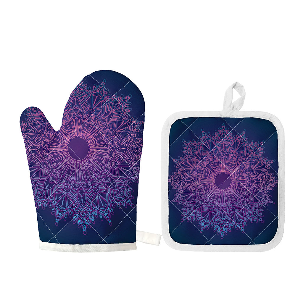 Purple Trippy Mandala Print Oven Mitt And Pot Holder Set