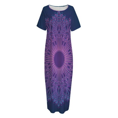 Purple Trippy Mandala Print Short Sleeve Long Nightdress