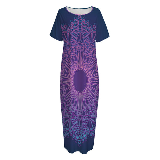 Purple Trippy Mandala Print Short Sleeve Long Nightdress