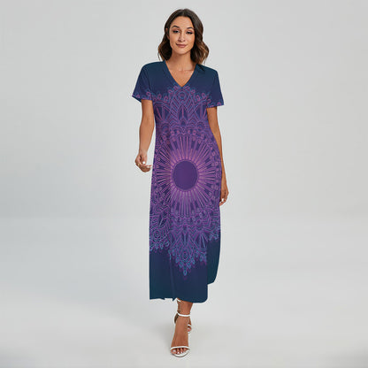 Purple Trippy Mandala Print Short Sleeve Maxi Dress