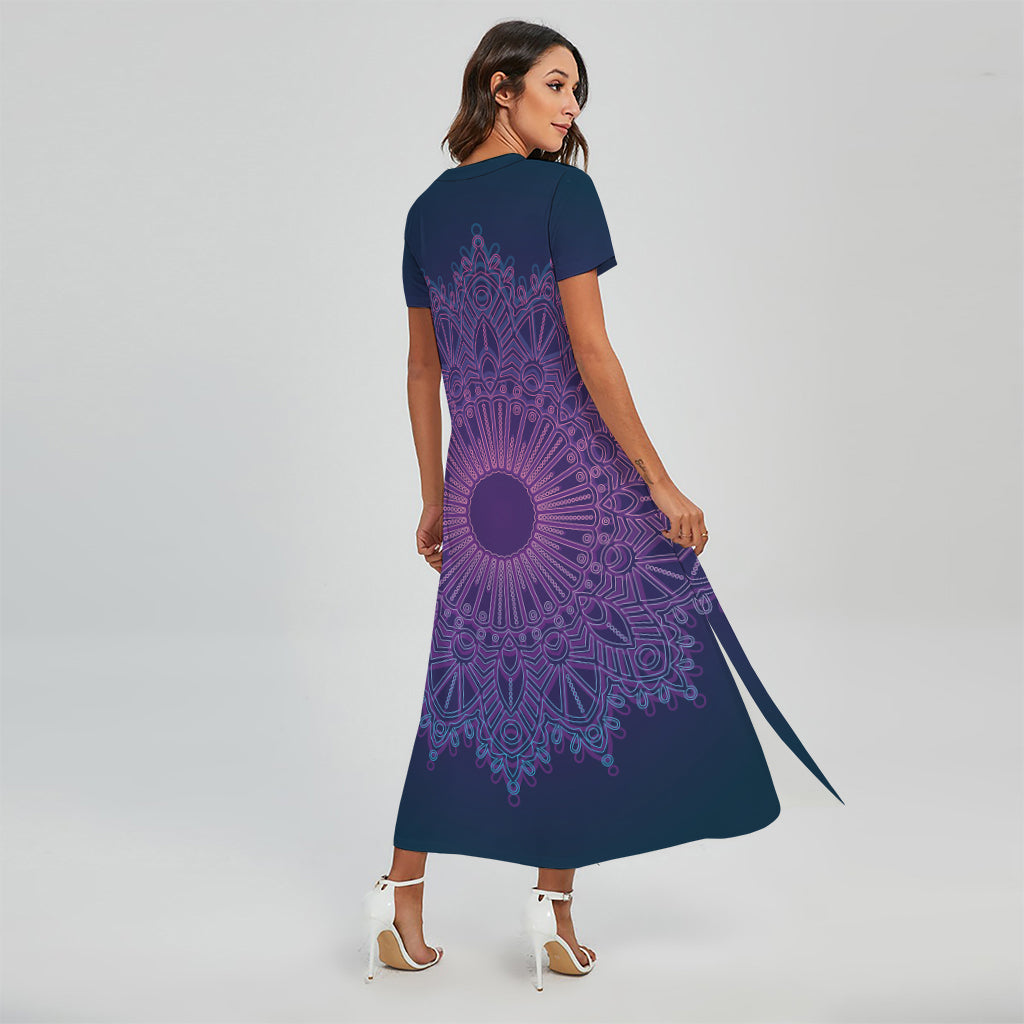 Purple Trippy Mandala Print Short Sleeve Maxi Dress