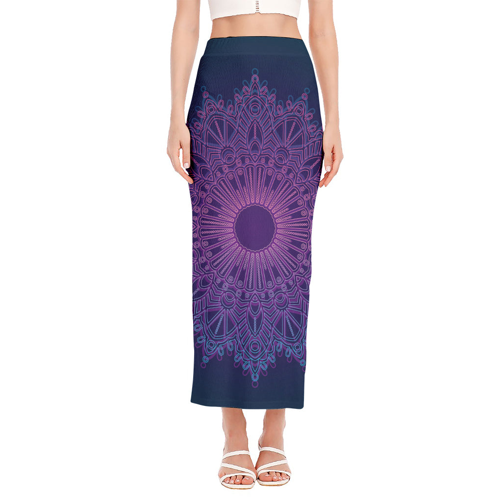 Purple Trippy Mandala Print Side Slit Maxi Skirt