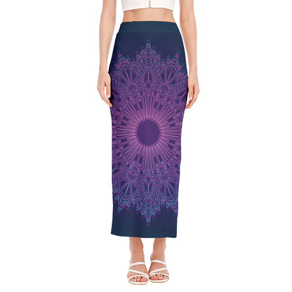 Purple Trippy Mandala Print Side Slit Maxi Skirt
