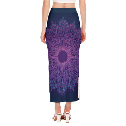 Purple Trippy Mandala Print Side Slit Maxi Skirt