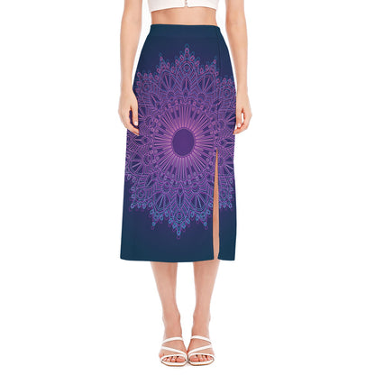 Purple Trippy Mandala Print Side Slit Midi Skirt