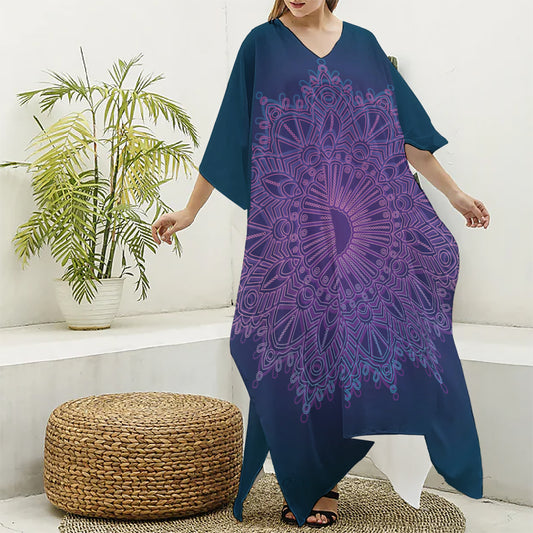 Purple Trippy Mandala Print Silk V-Neck Kaftan Dress