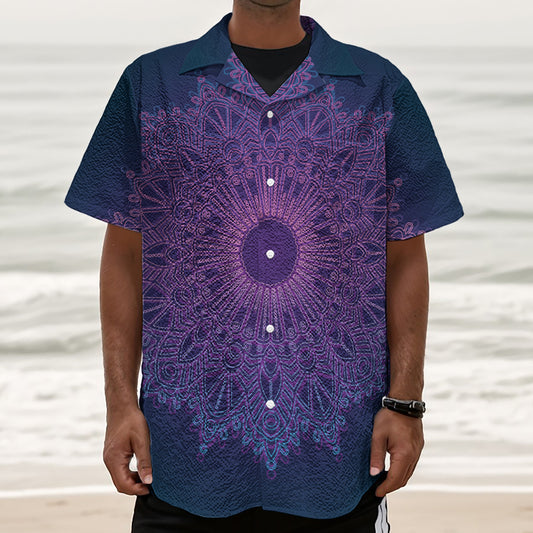 Purple Trippy Mandala Print Textured Short Sleeve Shirt