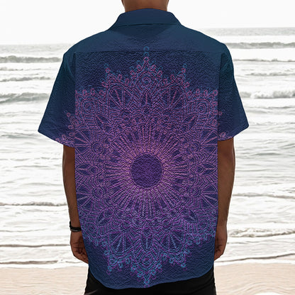 Purple Trippy Mandala Print Textured Short Sleeve Shirt