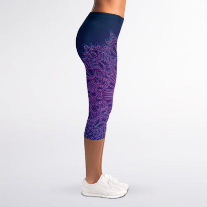 Purple Trippy Mandala Print Women's Capri Leggings