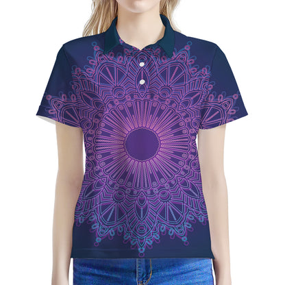 Purple Trippy Mandala Print Women's Polo Shirt