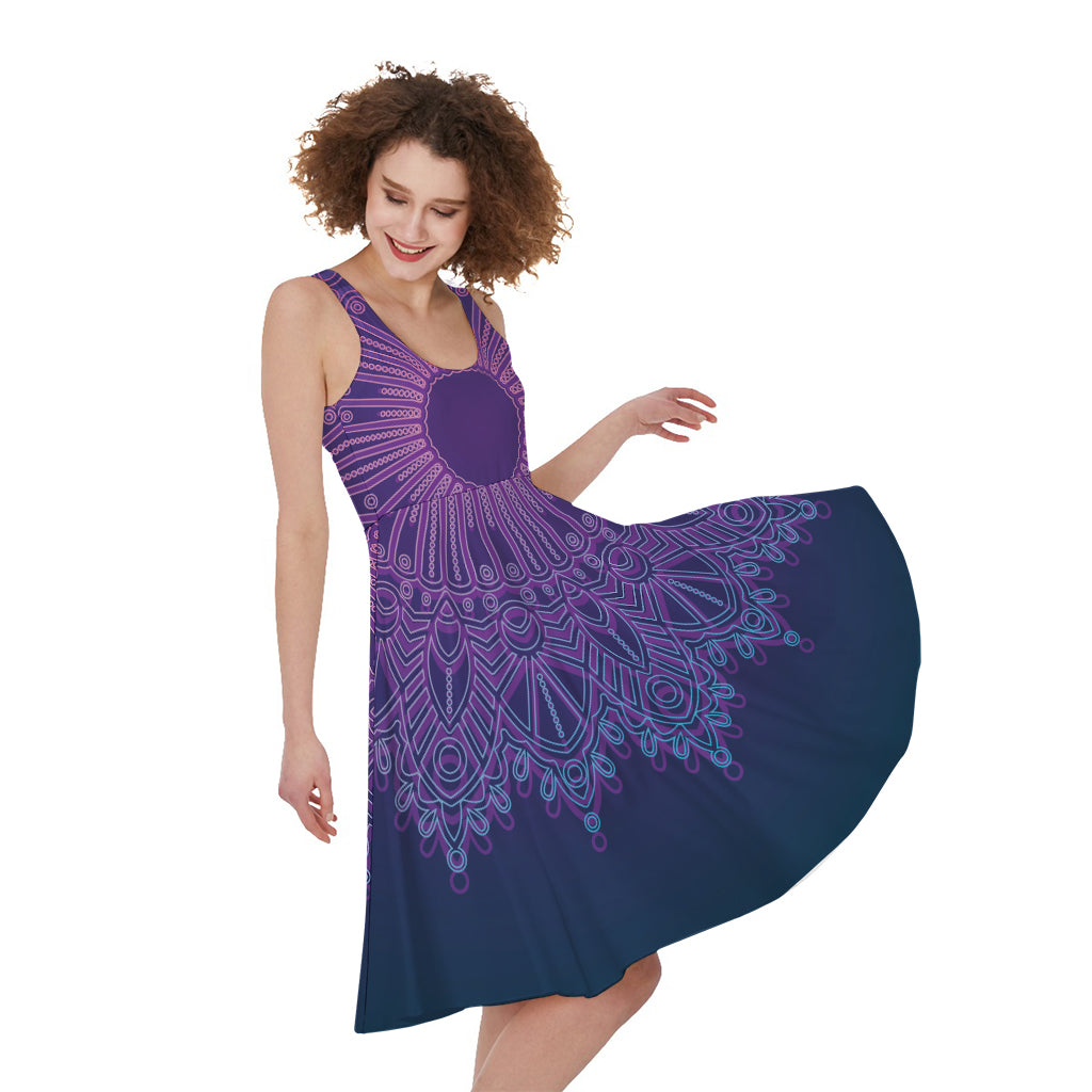 Purple Trippy Mandala Print Women's Sleeveless Dress