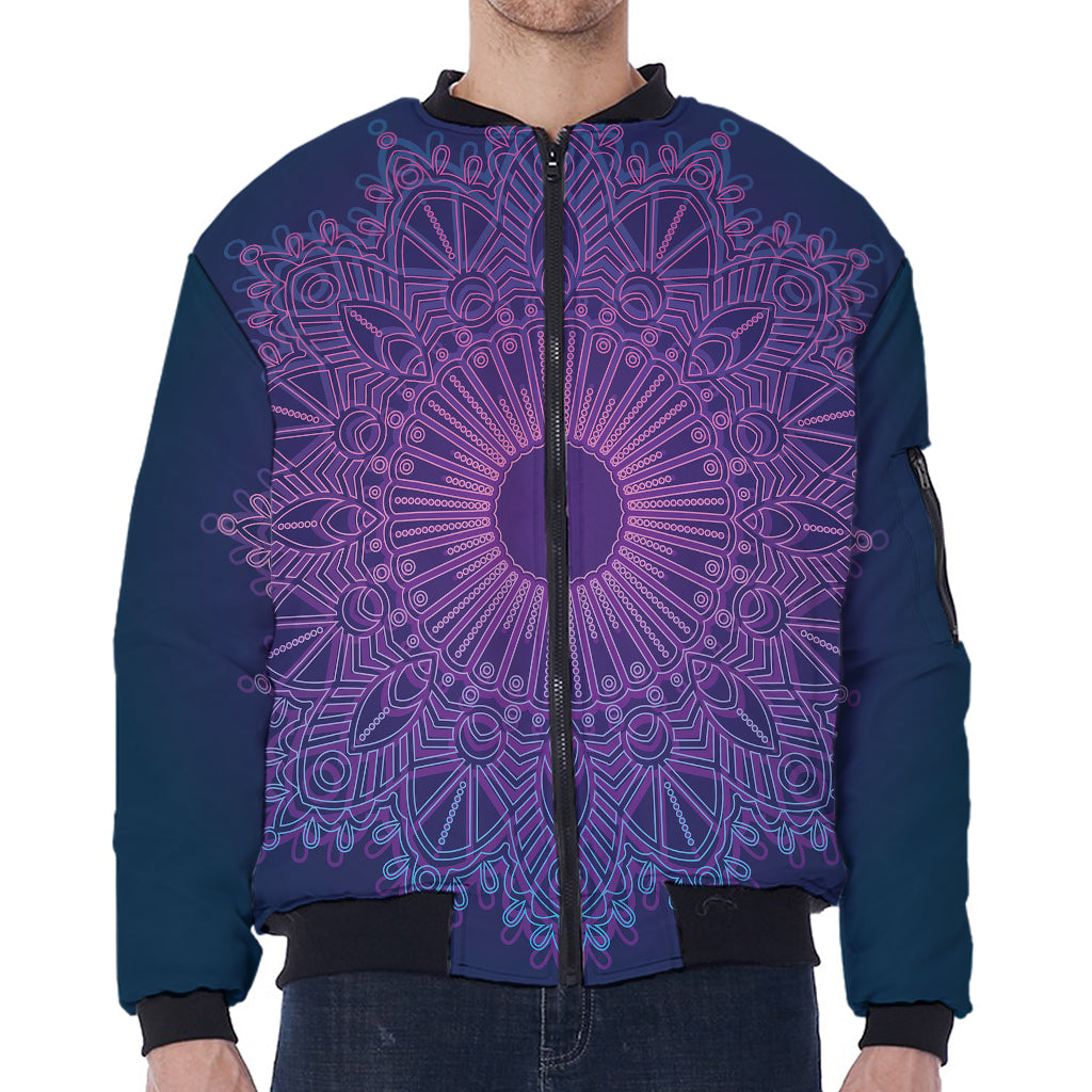 Purple Trippy Mandala Print Zip Sleeve Bomber Jacket