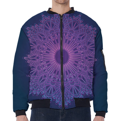 Purple Trippy Mandala Print Zip Sleeve Bomber Jacket
