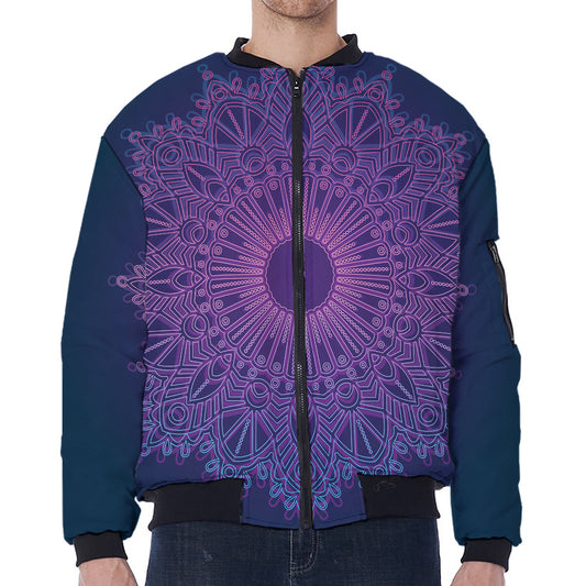 Purple Trippy Mandala Print Zip Sleeve Bomber Jacket