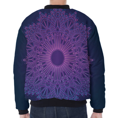 Purple Trippy Mandala Print Zip Sleeve Bomber Jacket