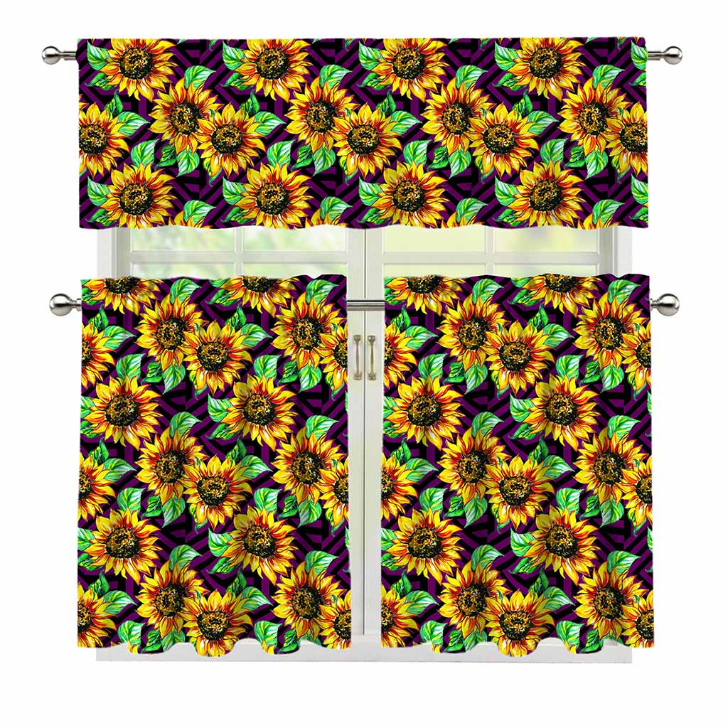 Purple Trippy Sunflower Pattern Print 3 Piece Kitchen Curtains