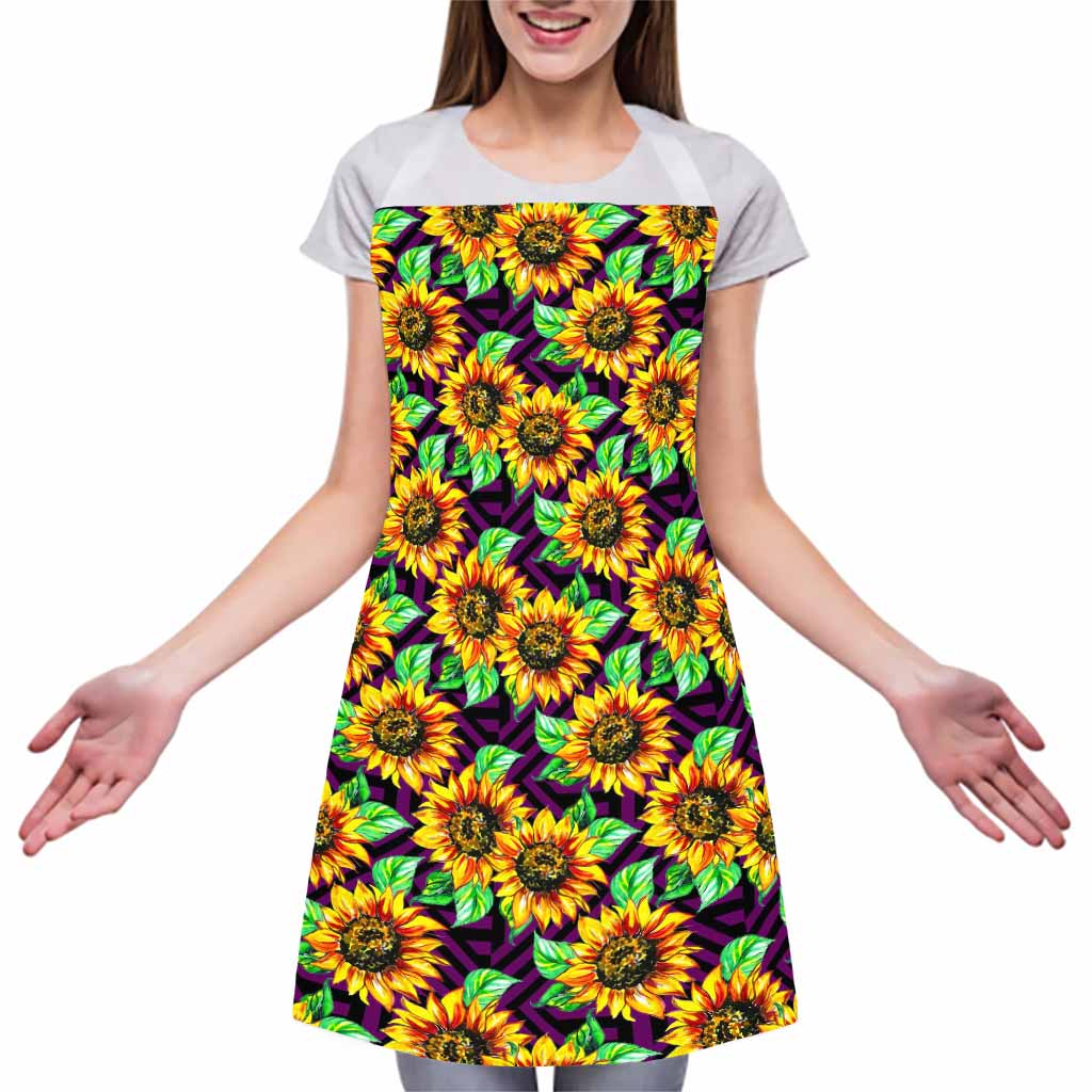 Purple Trippy Sunflower Pattern Print Adjustable Apron