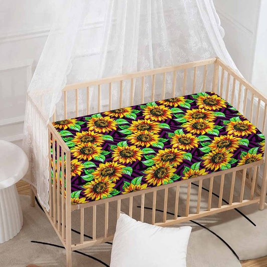 Purple Trippy Sunflower Pattern Print Baby Crib Sheet