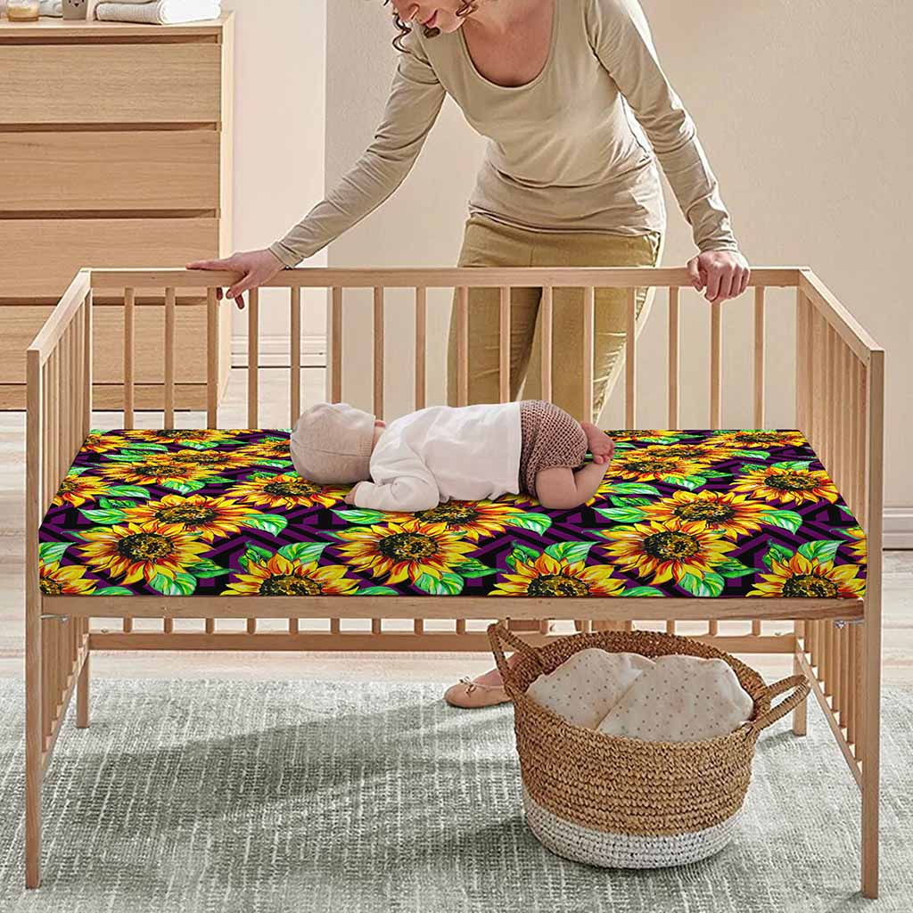 Purple Trippy Sunflower Pattern Print Baby Crib Sheet