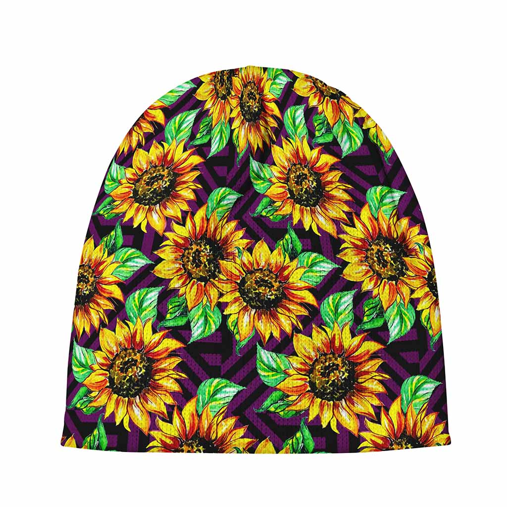 Purple Trippy Sunflower Pattern Print Beanie