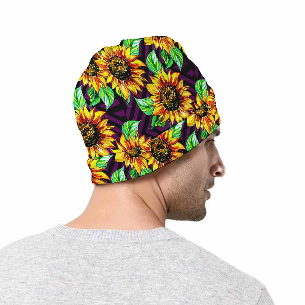 Purple Trippy Sunflower Pattern Print Beanie