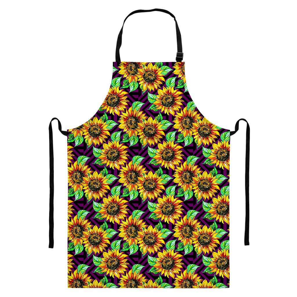 Purple Trippy Sunflower Pattern Print Bib Apron With Pocket