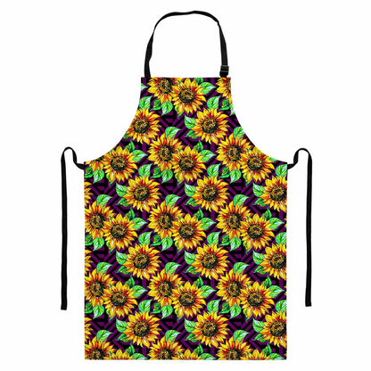 Purple Trippy Sunflower Pattern Print Bib Apron With Pocket