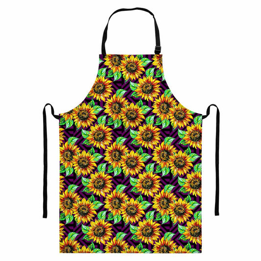 Purple Trippy Sunflower Pattern Print Bib Apron With Pocket