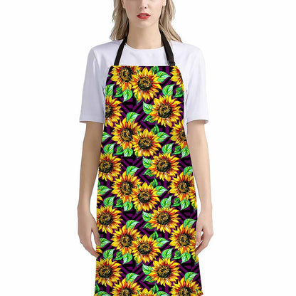 Purple Trippy Sunflower Pattern Print Bib Apron With Pocket