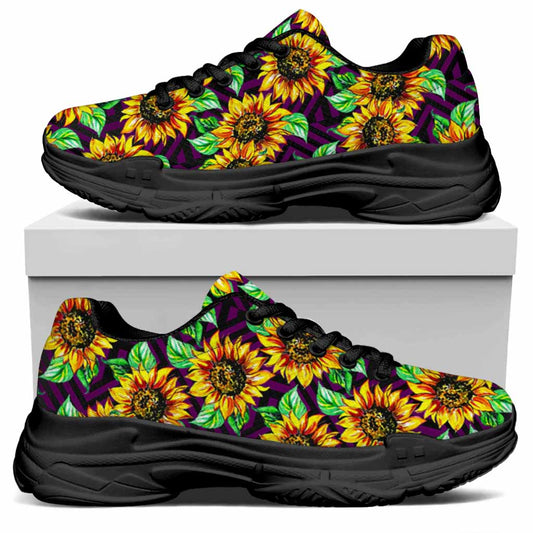Purple Trippy Sunflower Pattern Print Black Chunky Shoes