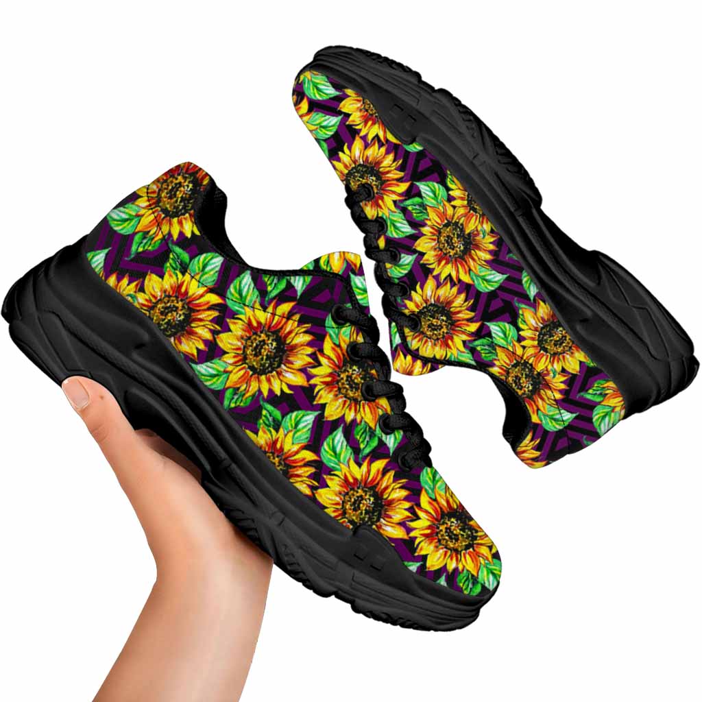 Purple Trippy Sunflower Pattern Print Black Chunky Shoes