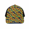 Purple Trippy Sunflower Pattern Print Black Mesh Trucker Hat