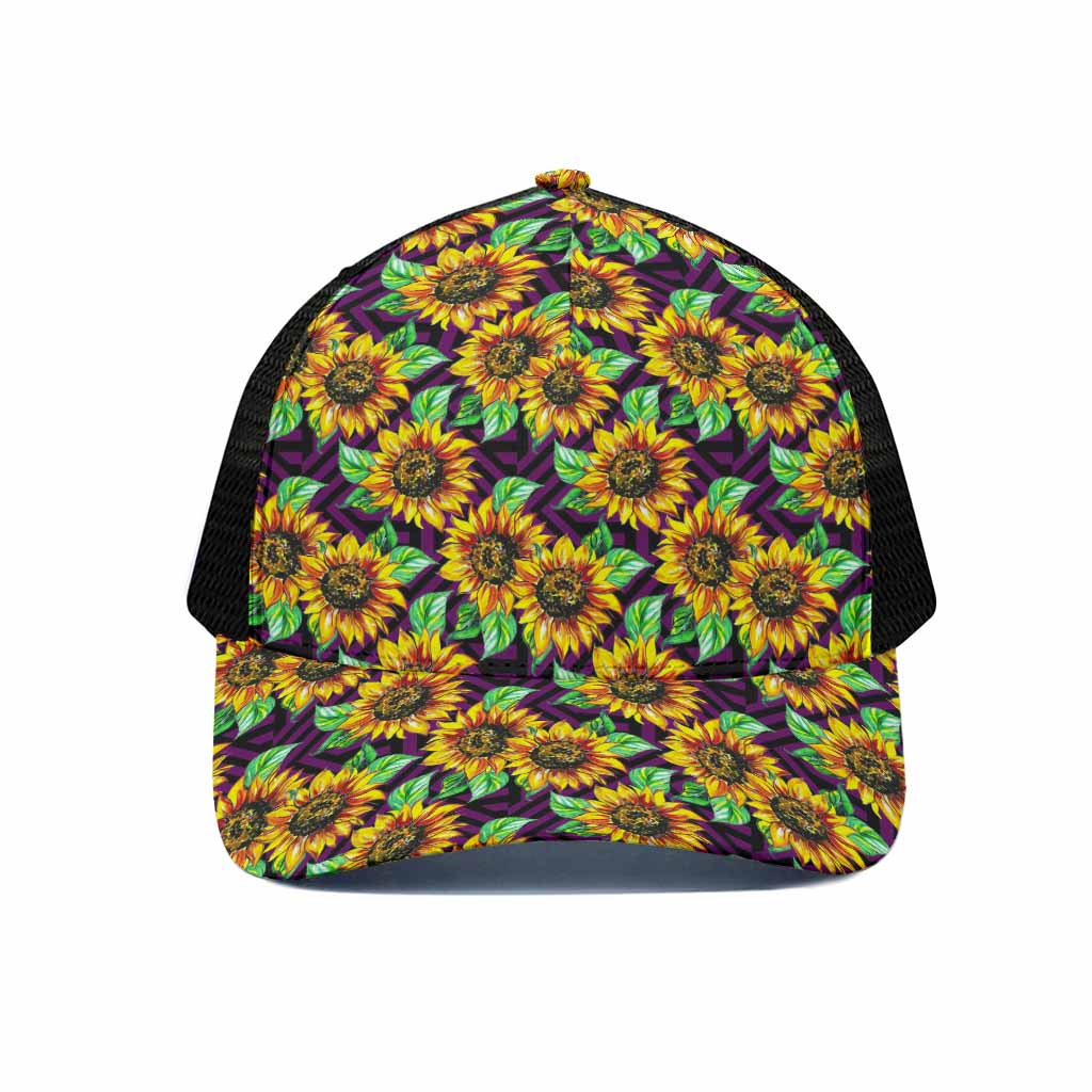 Purple Trippy Sunflower Pattern Print Black Mesh Trucker Cap