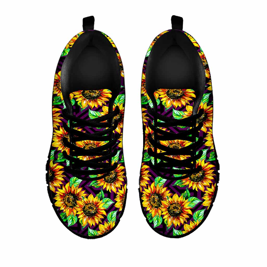 Purple Trippy Sunflower Pattern Print Black Running Shoes