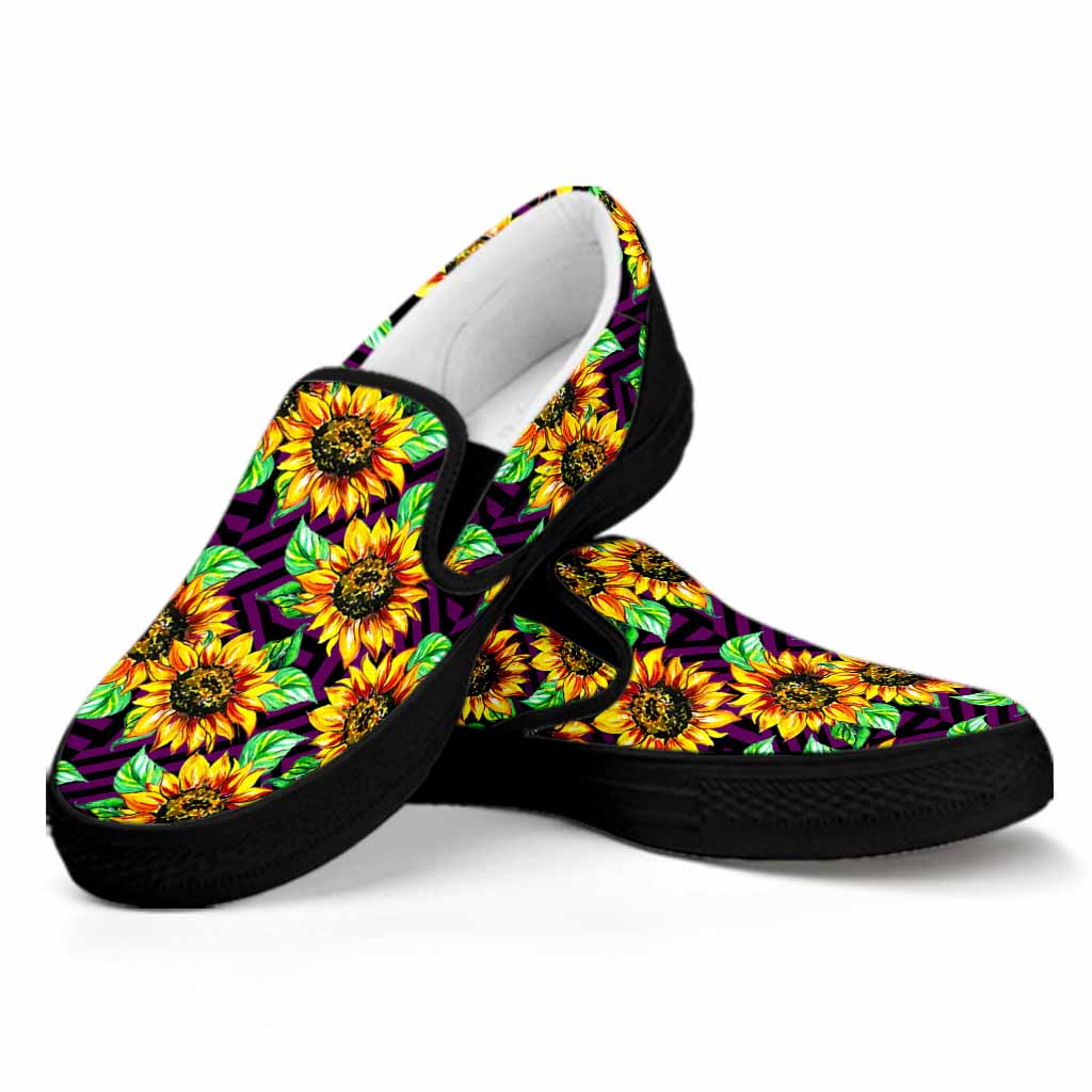 Purple Trippy Sunflower Pattern Print Black Slip On Sneakers