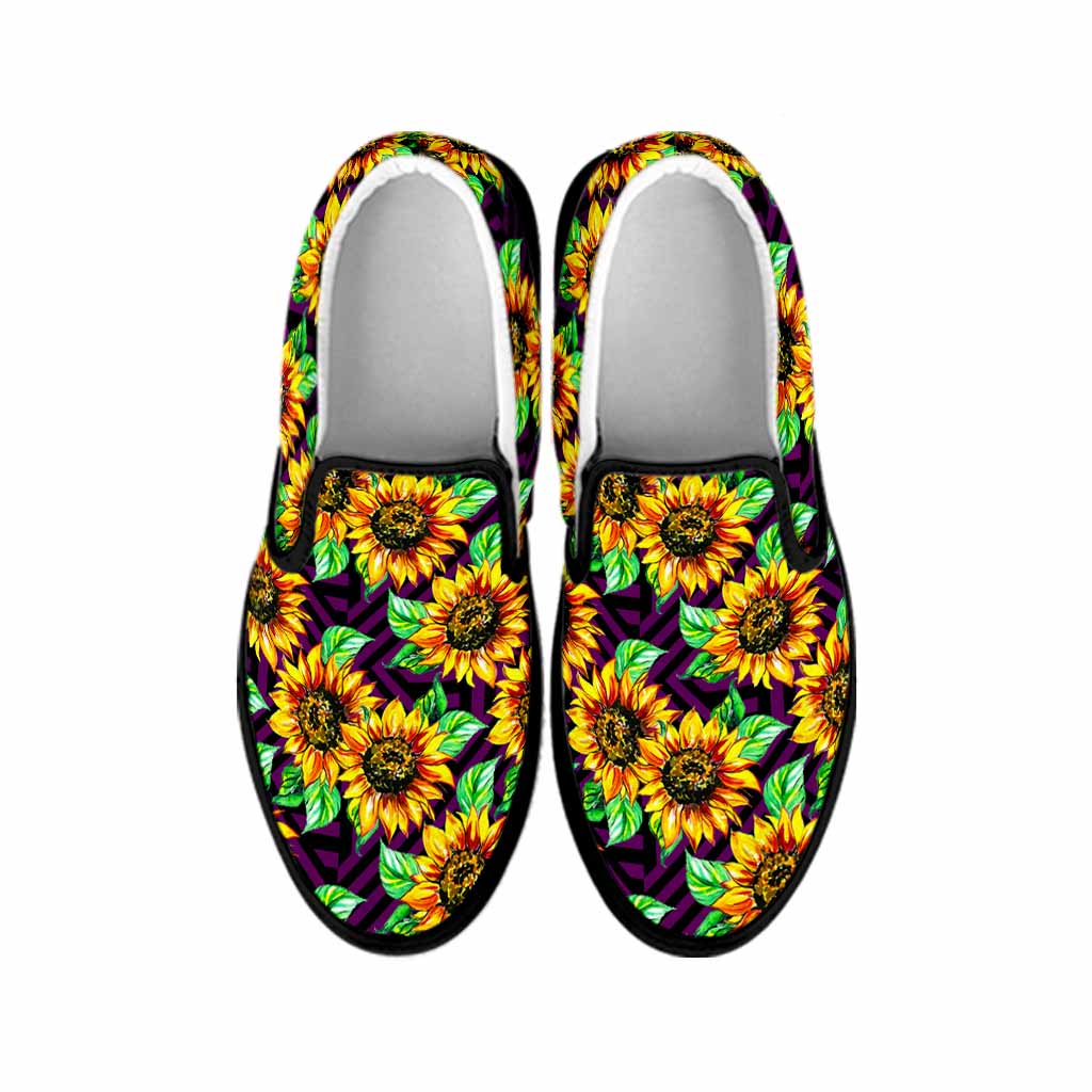 Purple Trippy Sunflower Pattern Print Black Slip On Sneakers