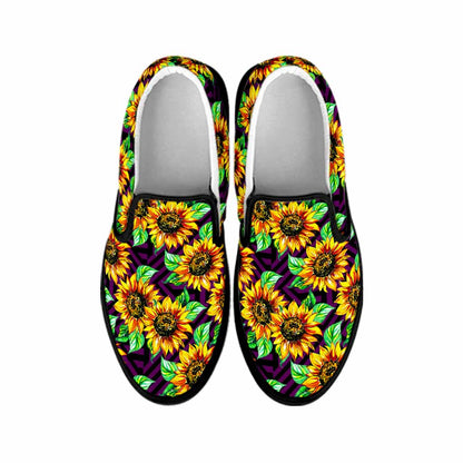 Purple Trippy Sunflower Pattern Print Black Slip On Sneakers