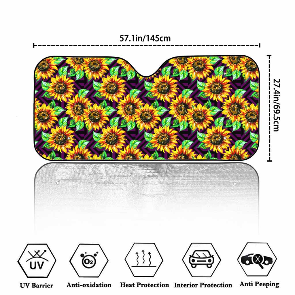 Purple Trippy Sunflower Pattern Print Car Windshield Sun Shade