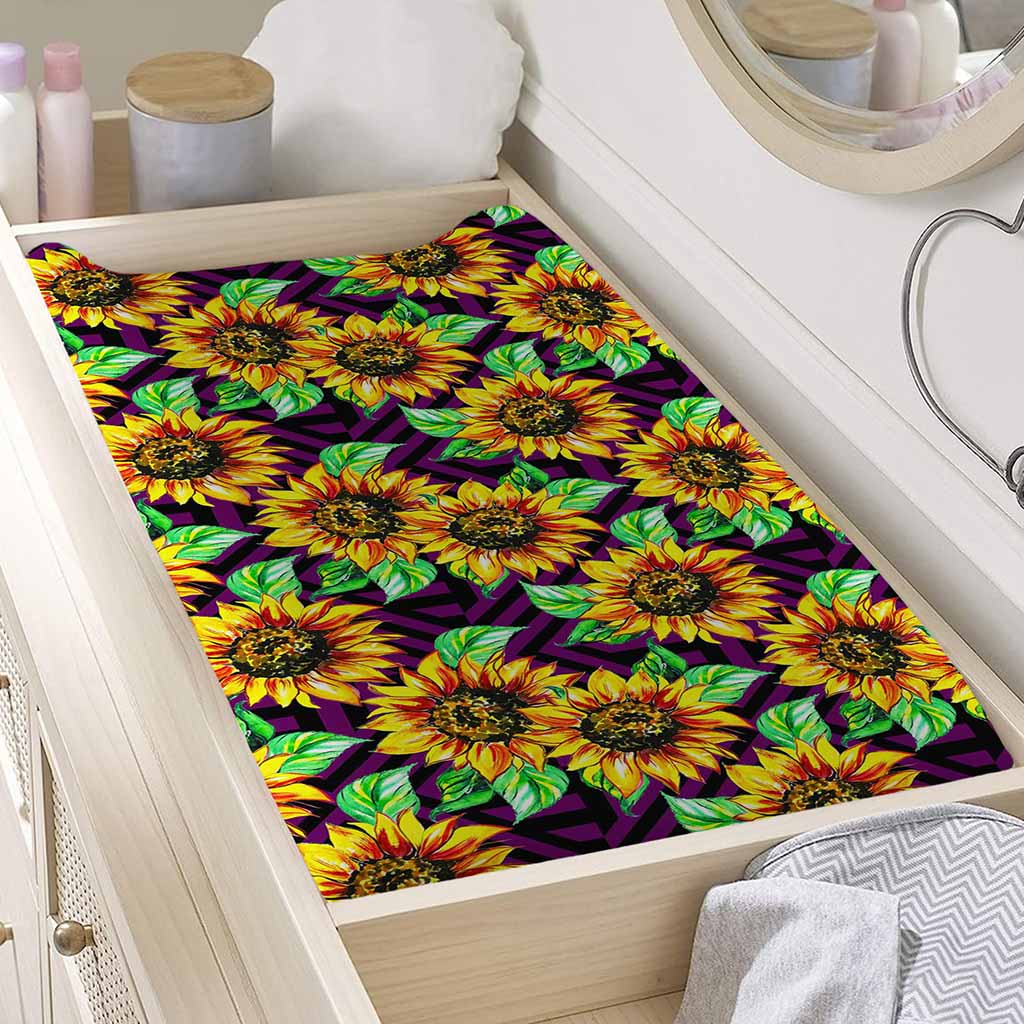 Purple Trippy Sunflower Pattern Print Changing Pad Cover