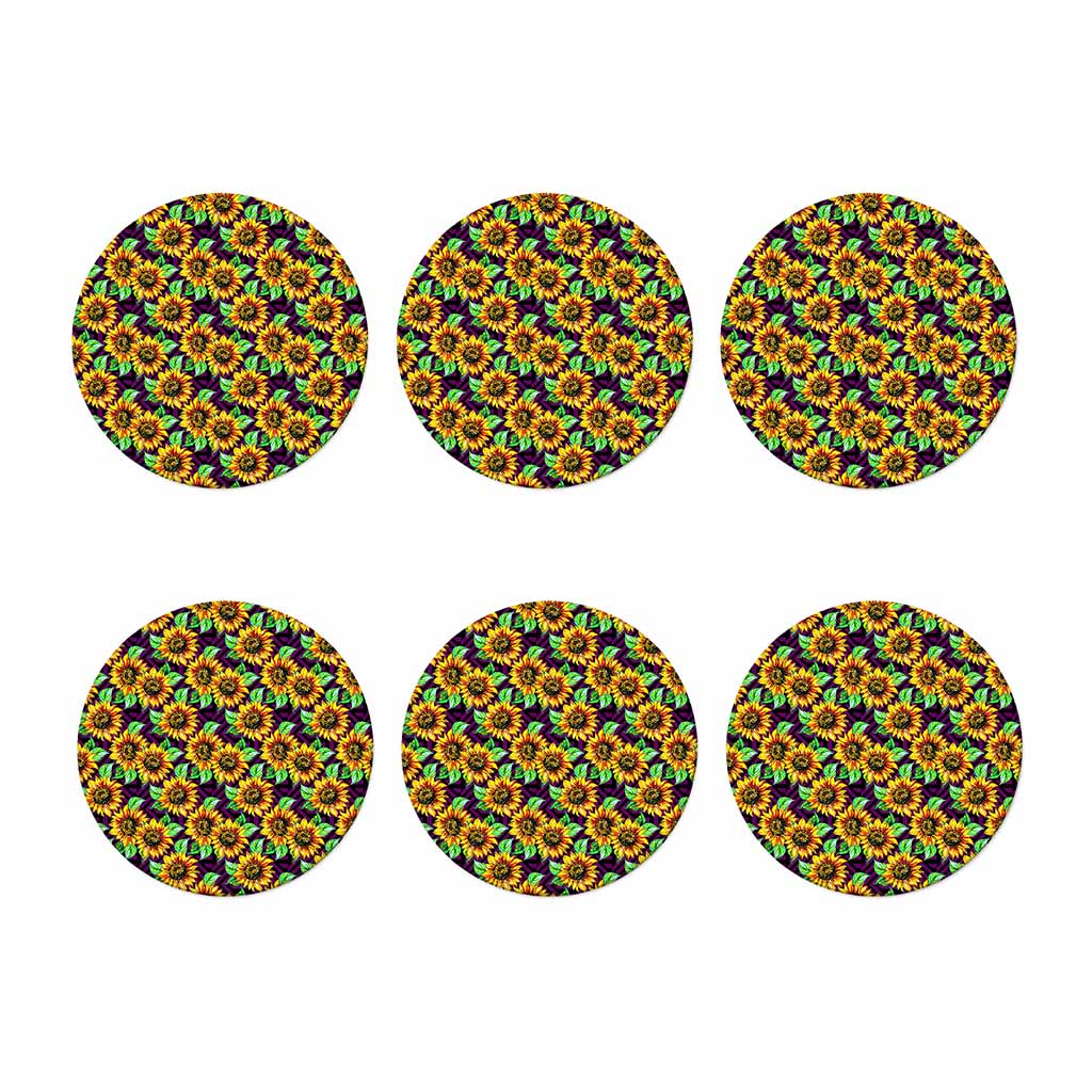Purple Trippy Sunflower Pattern Print Coaster Set