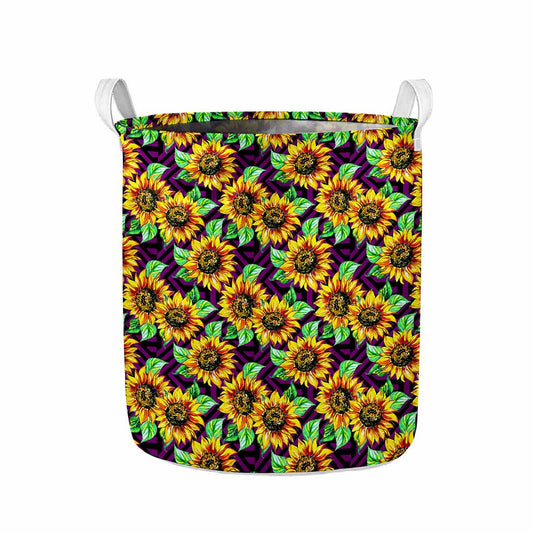 Purple Trippy Sunflower Pattern Print Collapsible Laundry Basket