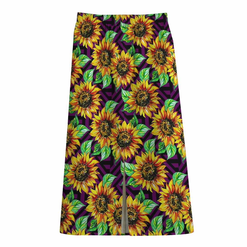 Purple Trippy Sunflower Pattern Print Cotton Front Slit Maxi Skirt